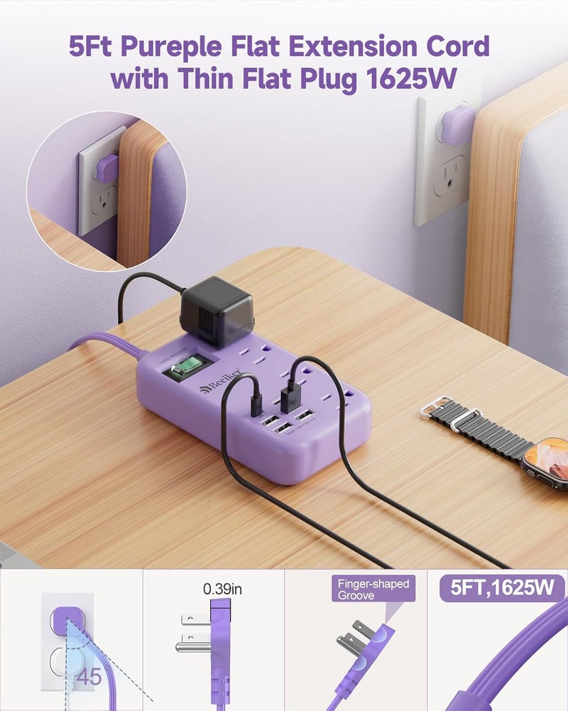 Beeiker 6 USB(2 USB C) Purple Travel Power Strip- 5Ft Lavender Extension Cord with 24W USB Charging Station and 4 Outlets, Purple Desk Accessories with Surge Protector for Cute Kawaii Office Dorm Room - Image 4